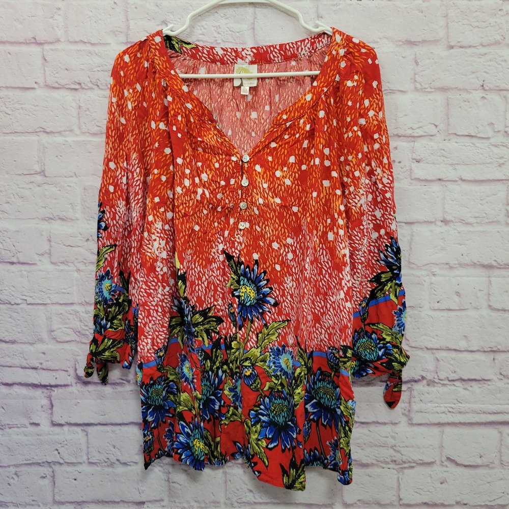 Fig & Flower Floral Henley Blouse Women 2X Tie Cuff Boho Hippie Y2K Cottagecore